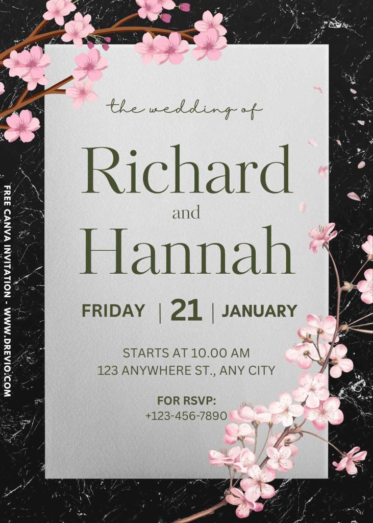 Free and Editable Black Marble Floral Invitation Template Made in Canva. Customize Online for free