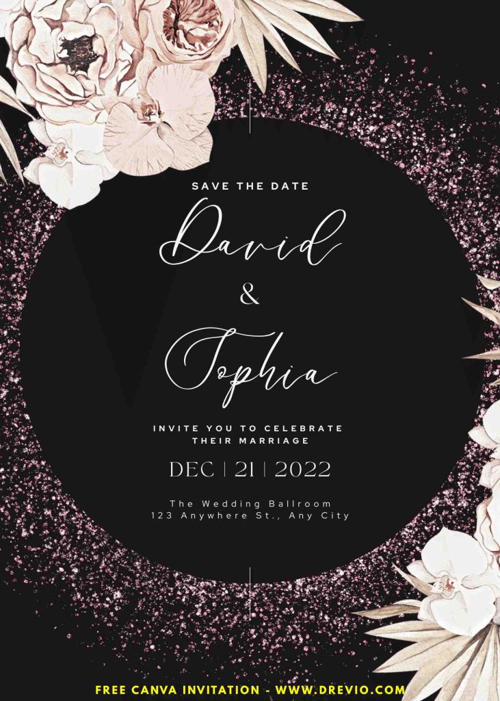 free-black glitter-floral-wedding-invitation-template-canva