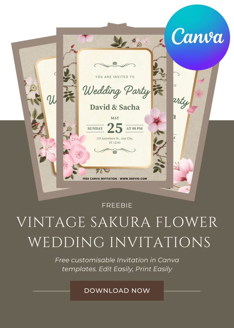 Free and Editable Whimsical Vintage Sakura Blooms Invitation Template Made in Canva. Customize Online for free