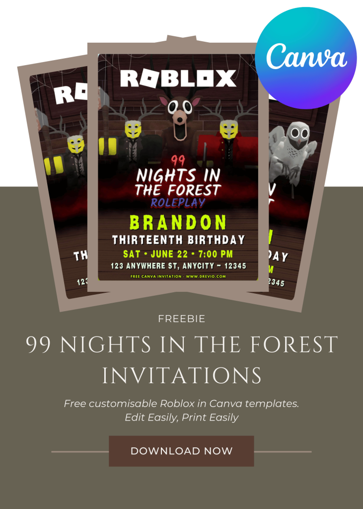 free-diy-roblox-99 nights in the forest-birthday-invitation-template-canva