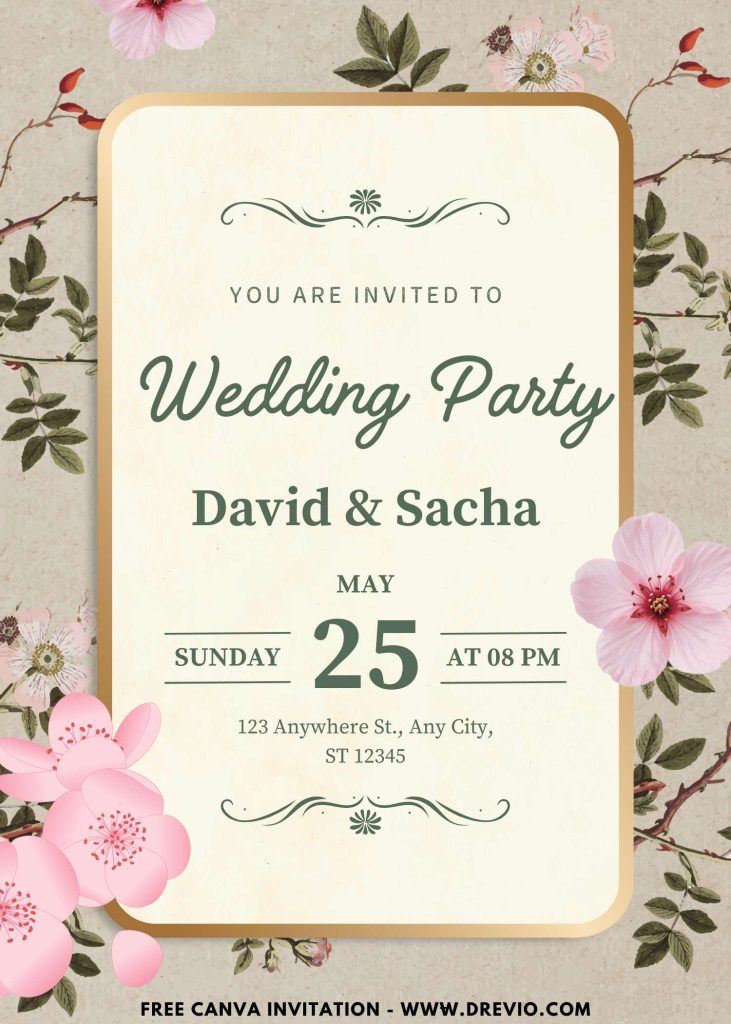 Free and Editable Beautiful Vintage Sakura Blooms Invitation Template Made in Canva. Customize Online for free