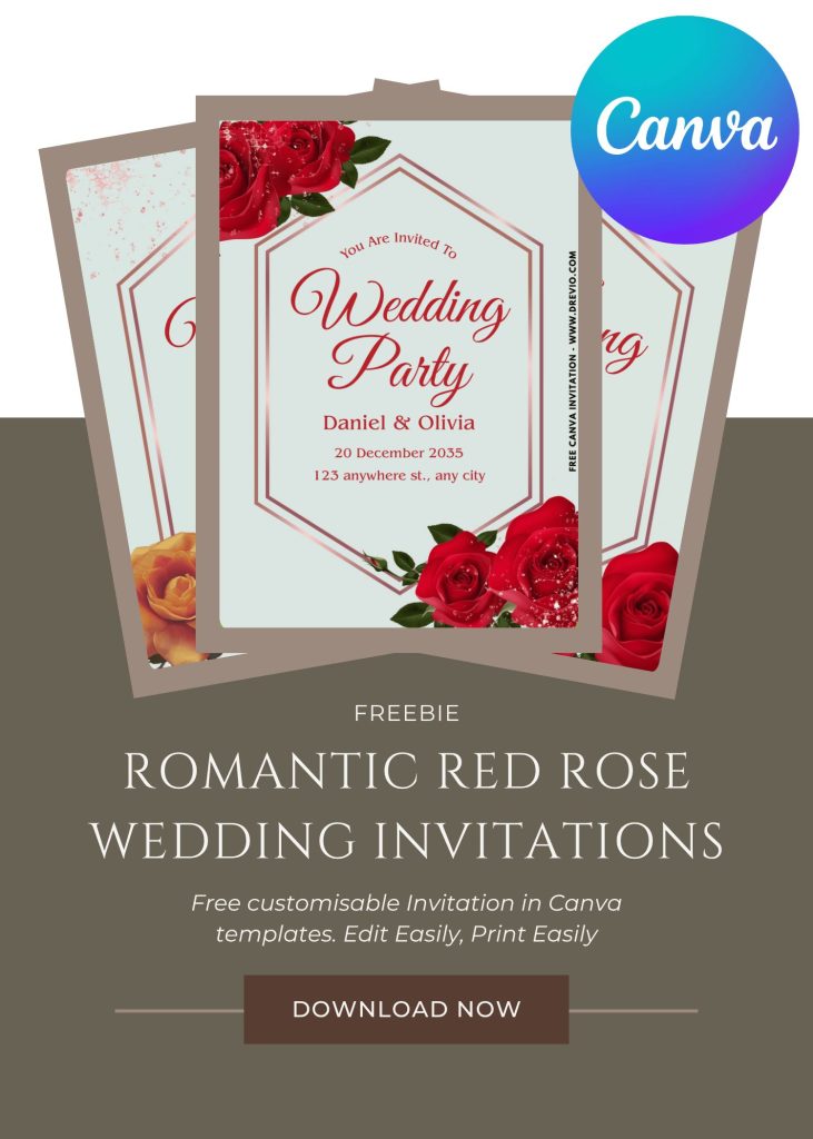 geometric-rromantic-red rose-wedding-invite-template-editable-free