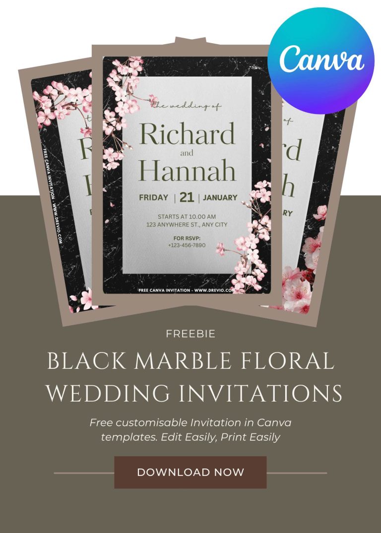 Free and Editable Elegant Black Marble Floral Invitation Template Made in Canva. Customize Online for free