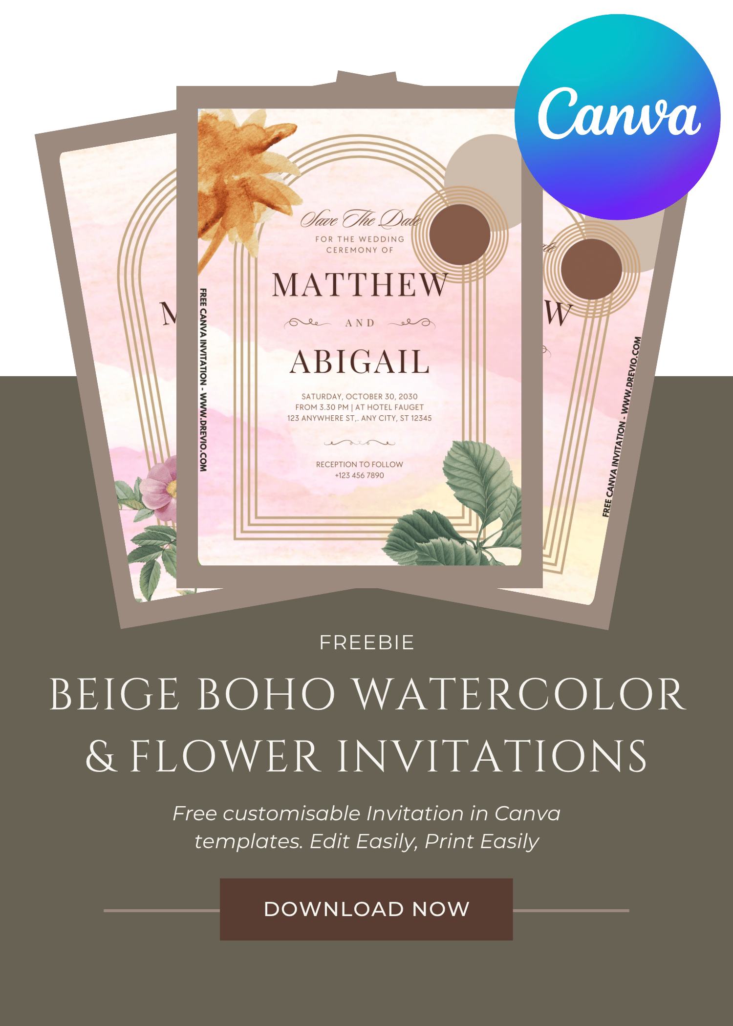 FREE Beige Boho Watercolor Wedding Invitations