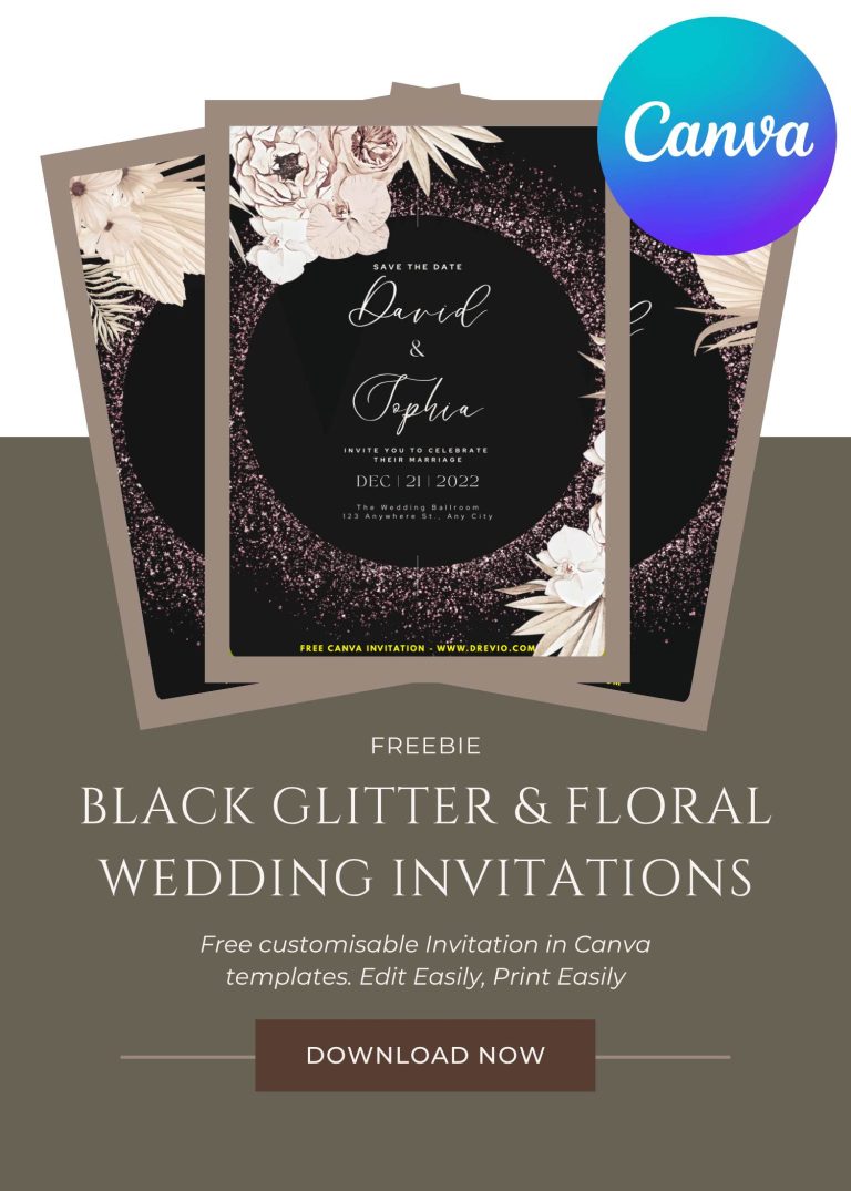 modern-black glitter-and-gold-floral-wedding-invitation-template-free-canva