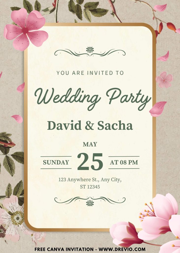 Free and Editable Gorgeous Vintage Sakura Blooms Invitation Template Made in Canva. Customize Online for free