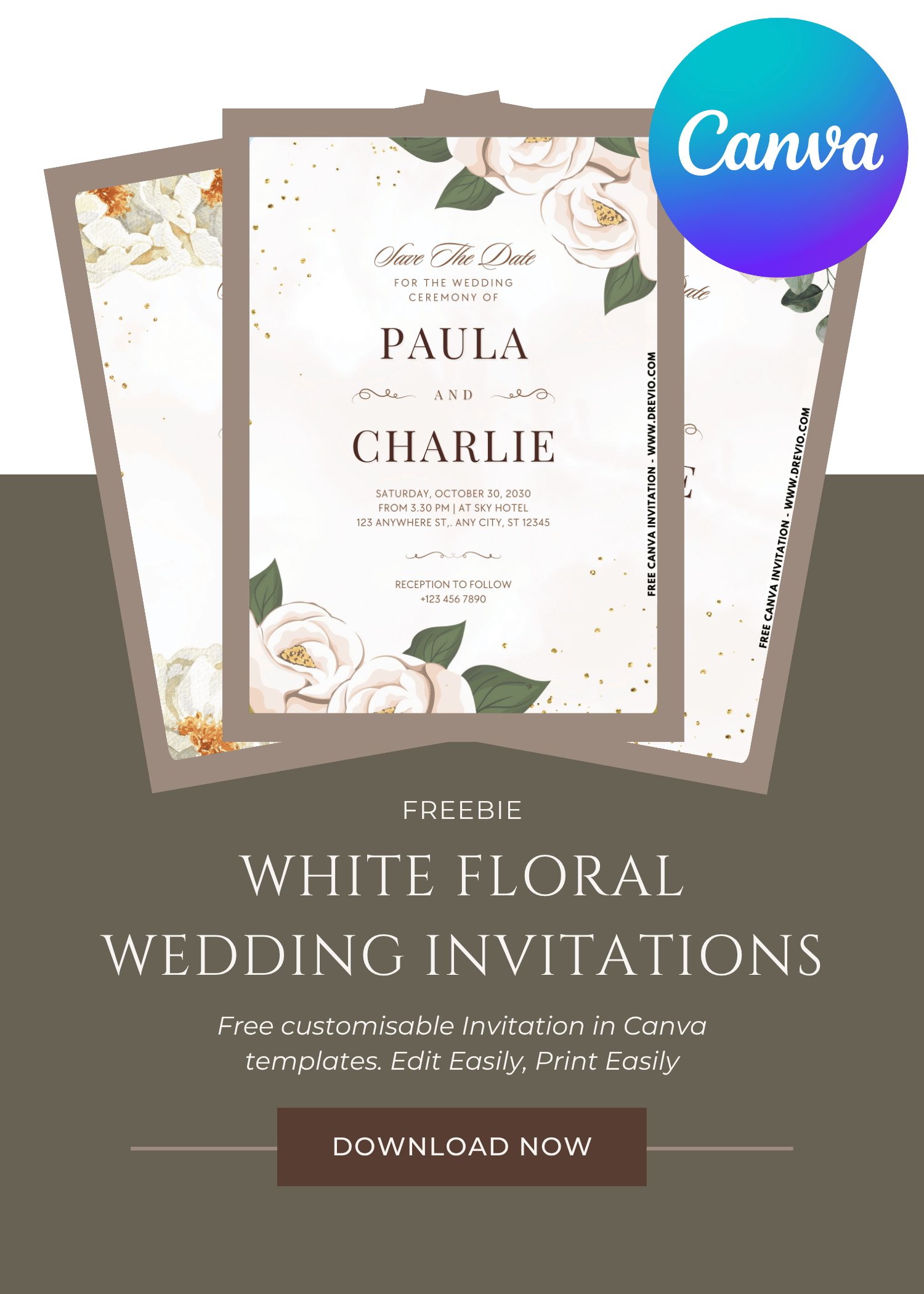 FREE White Floral Wedding Invitations