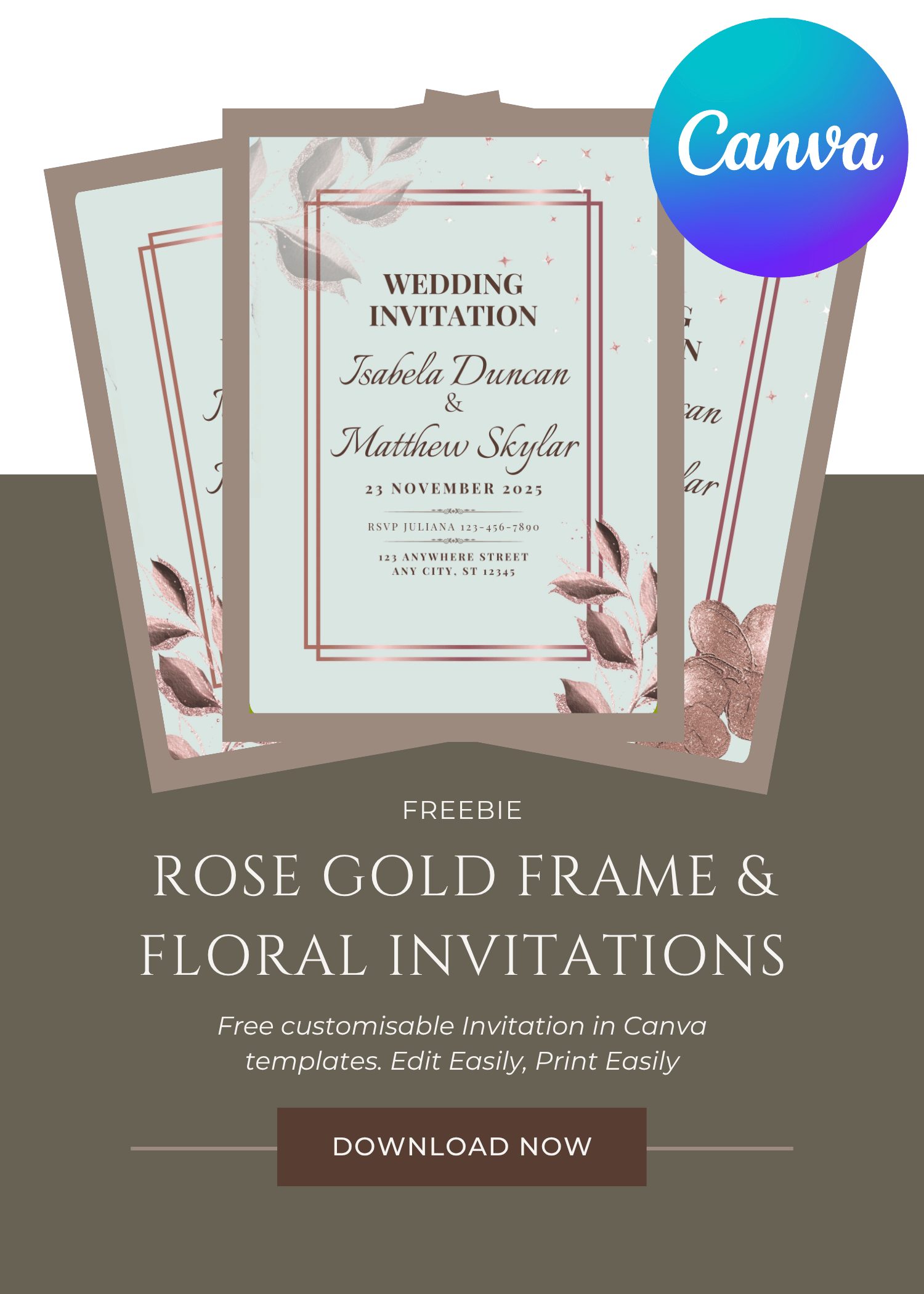FREE Rose Gold Frame Greenery Wedding Invitations