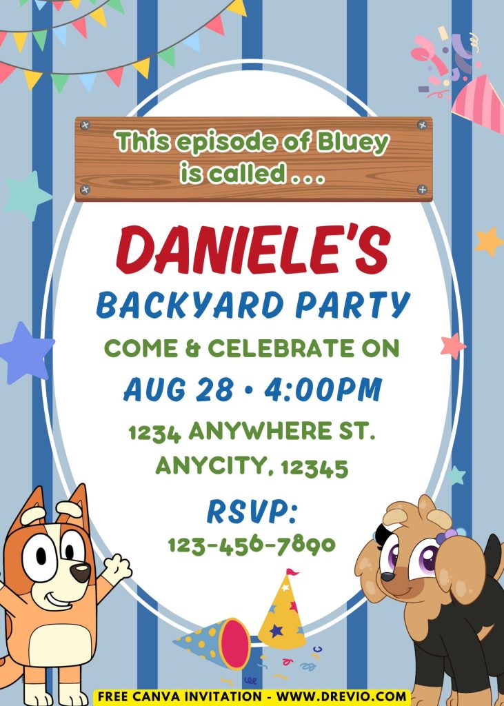 Free and Editable Bluey Backyard Party Invitation Templates Made in Canva. Customize Online for free
