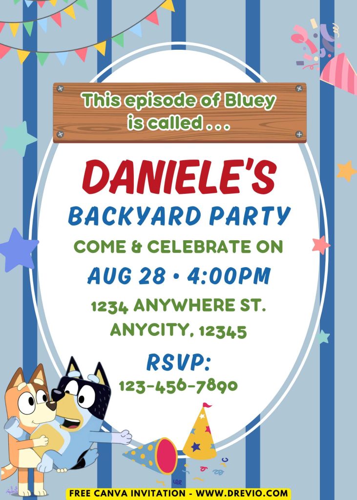 Free and Editable Bluey Bingo and Friends Backyard Party Invitation Templates Made in Canva. Customize Online for free