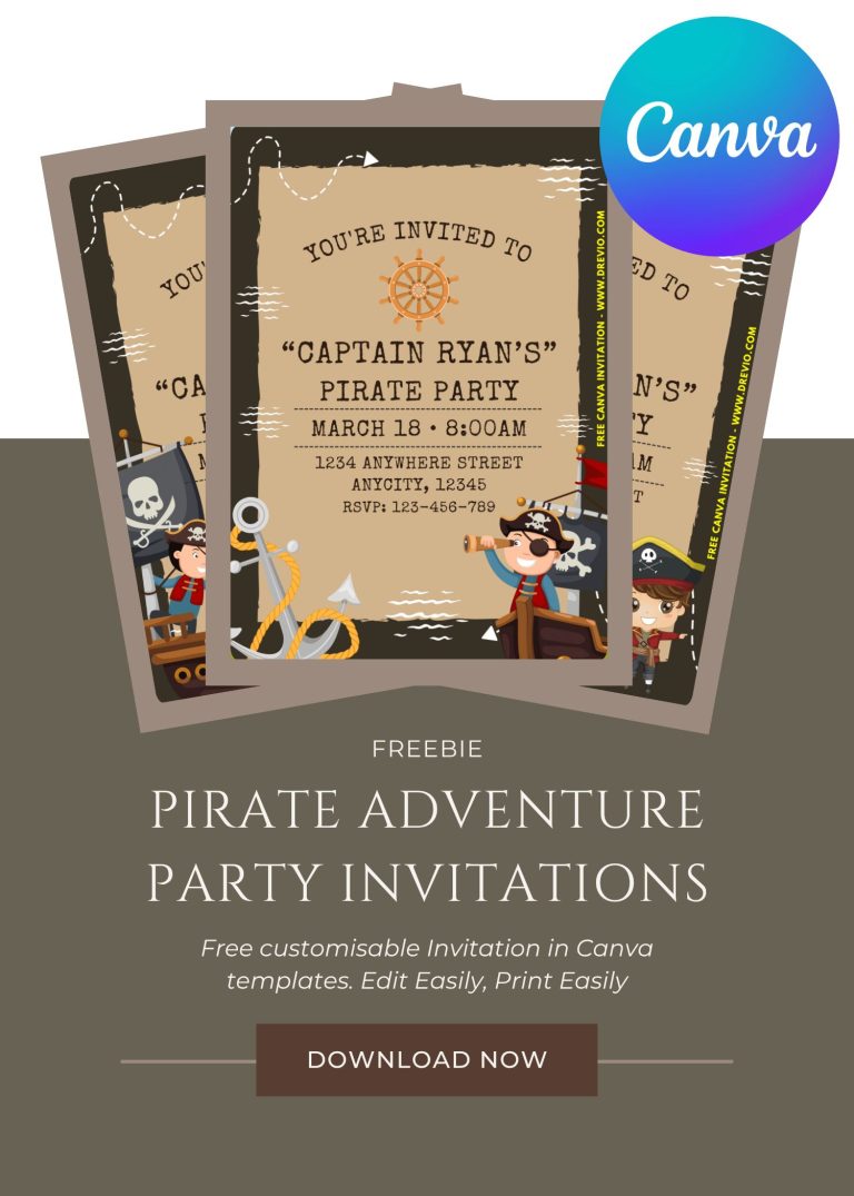 Free and Editable Lovely Cute Pirate Adventure Invitation Template Made in Canva. Customize Online for free