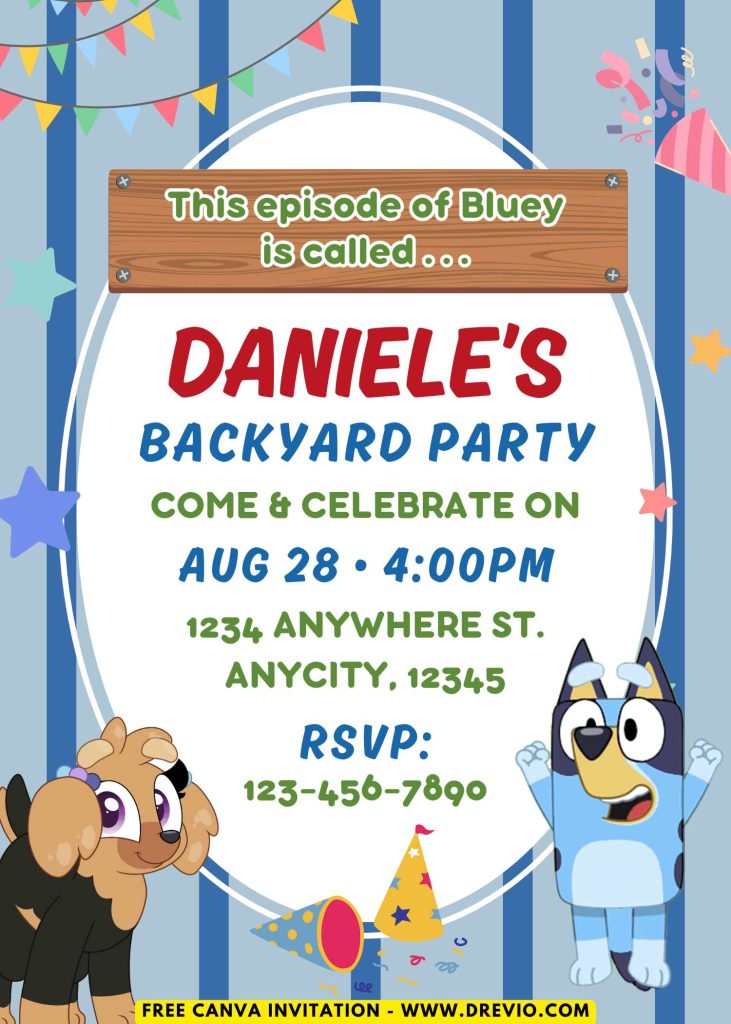Free and Editable Lovely Bluey Backyard Party Invitation Templates Made in Canva. Customize Online for free