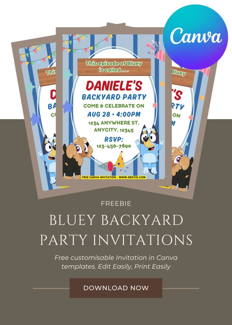 Free and Editable Adorable Bluey Backyard Party Invitation Templates Made in Canva. Customize Online for free
