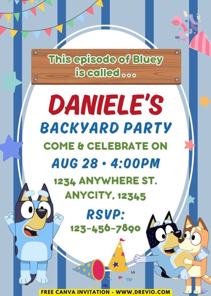 Free and Editable Cute Bluey Backyard Party Invitation Templates Made in Canva. Customize Online for free