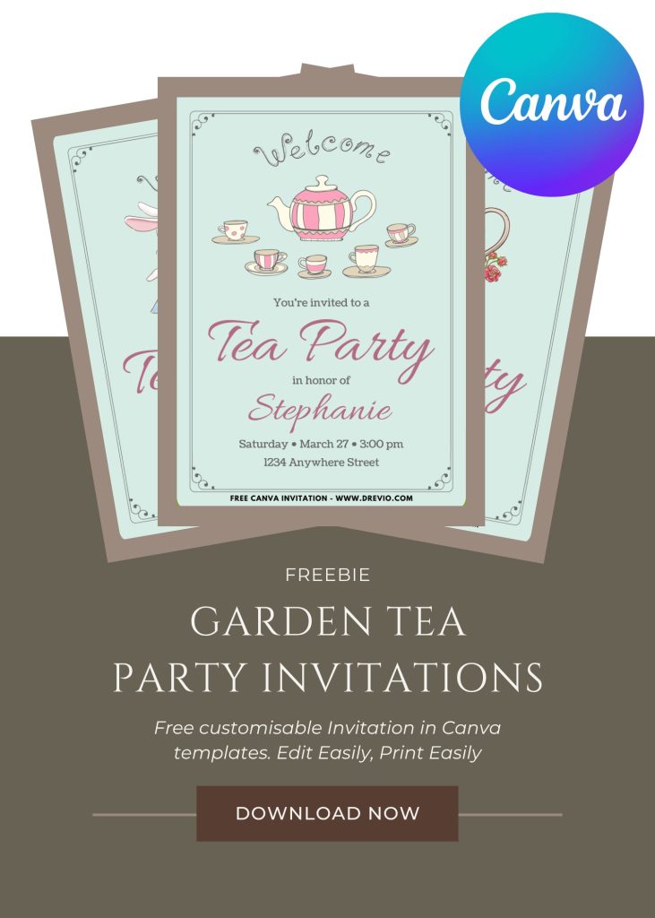 Free and Editable Beautiful Watercolor Garden Tea Party Invitation Templates Made in Canva. Customize Online for free
