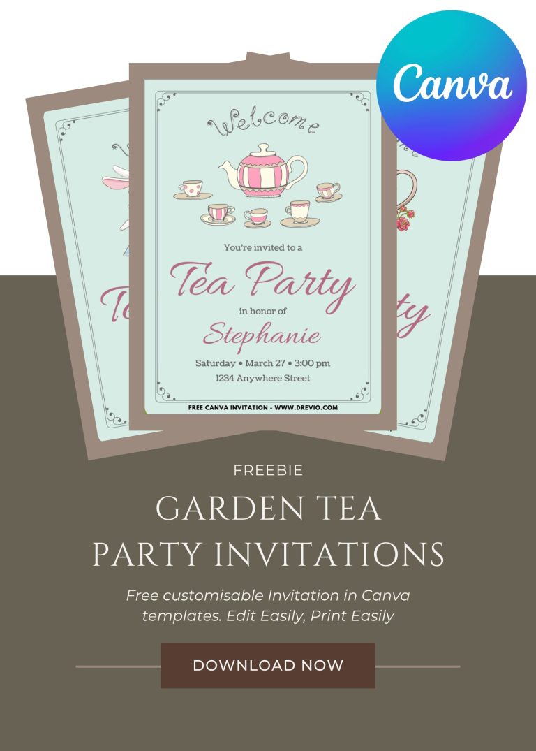 Free and Editable Beautiful Watercolor Garden Tea Party Invitation Templates Made in Canva. Customize Online for free