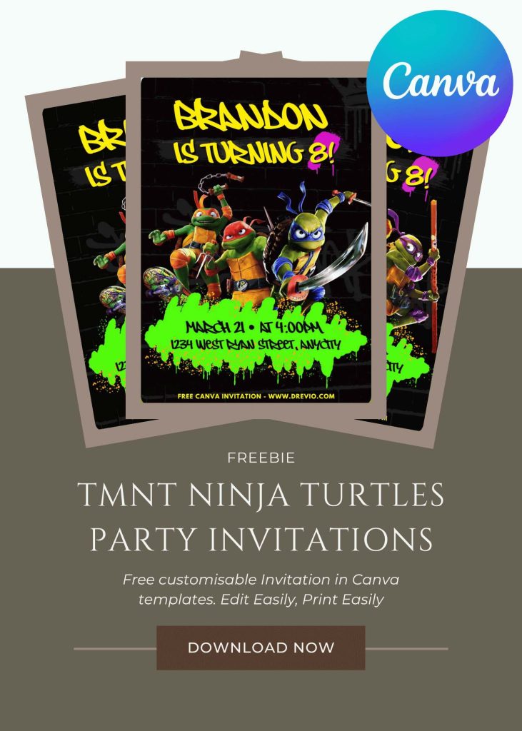 Free and Editable Cool Teenage Mutant Ninja Turtles Birthday Invitation Templates Made in Canva. Customize Online for free