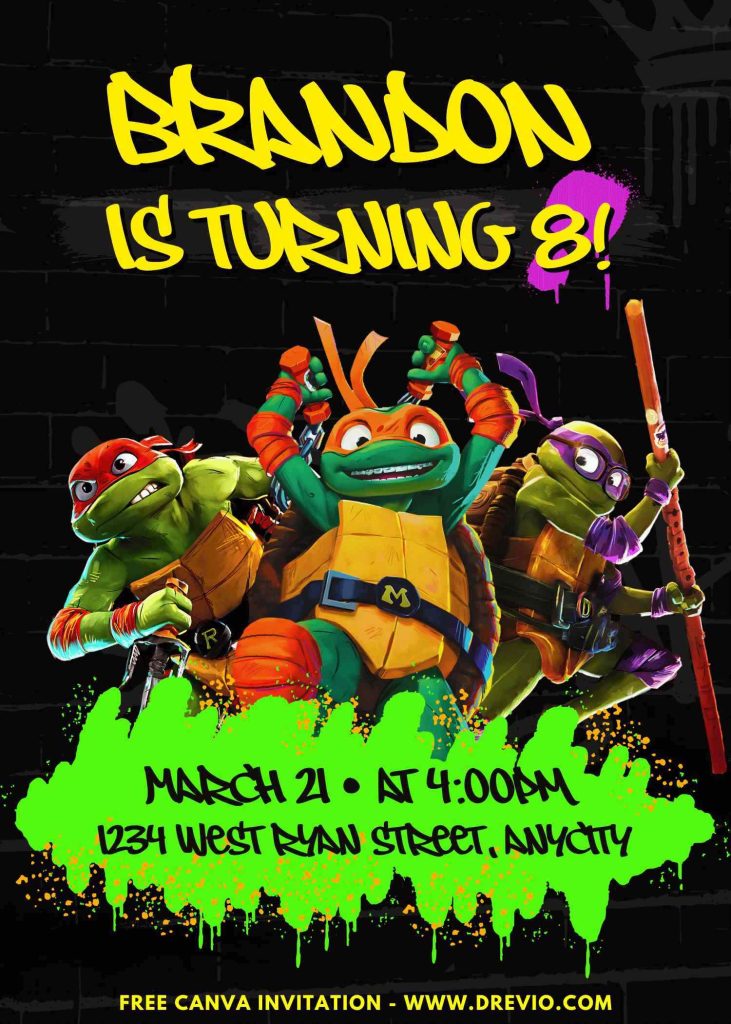 Free and Editable Epic Teenage Mutant Ninja Turtles Birthday Invitation Templates Made in Canva. Customize Online for free