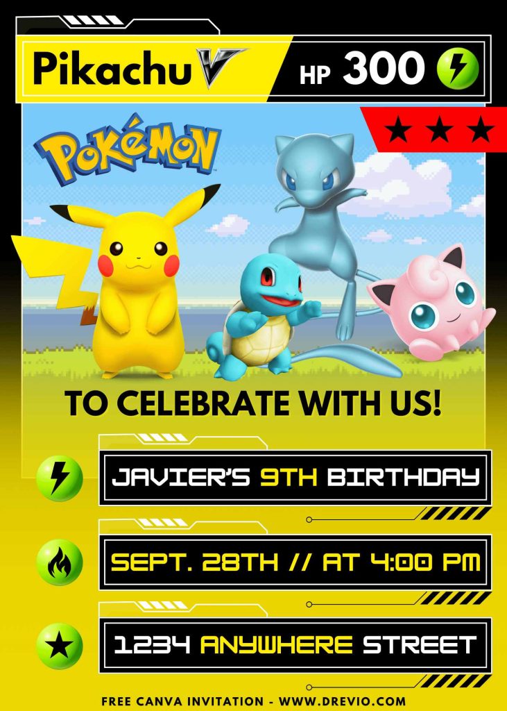 Free and Editable Pokemon Pikachu and Friends Invitation Templates Made in Canva. Customize Online for free