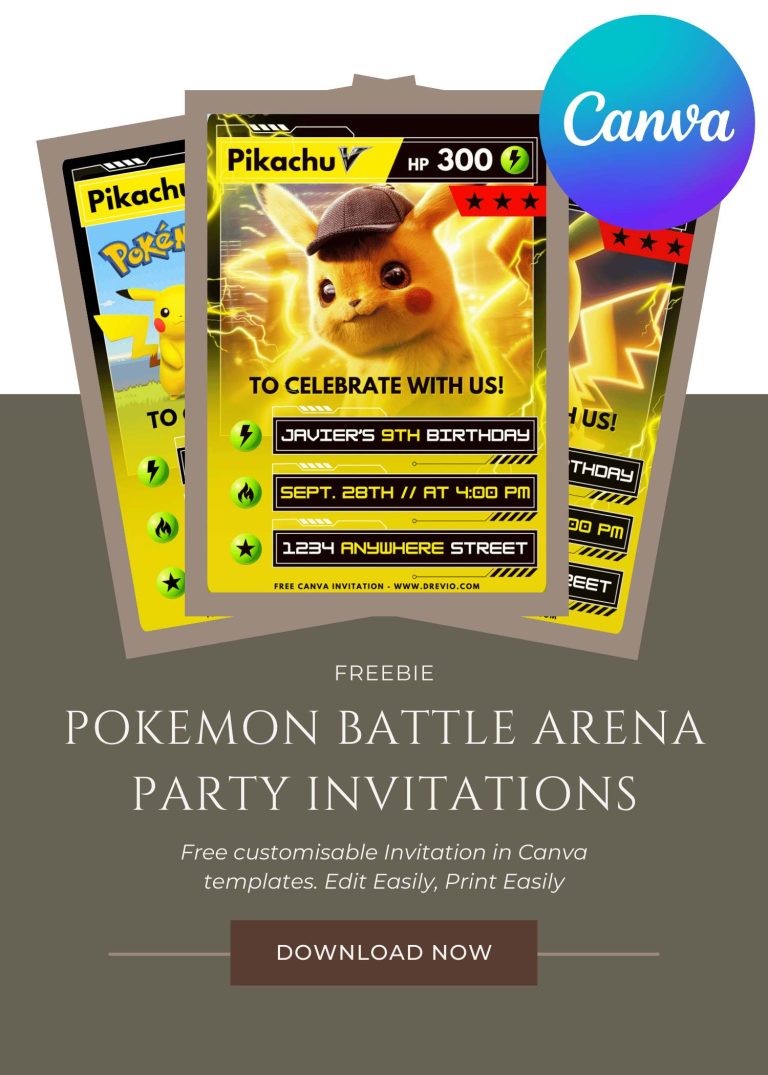 Free and Editable Pokemon Battle Arena Card Invitation Templates Made in Canva. Customize Online for free