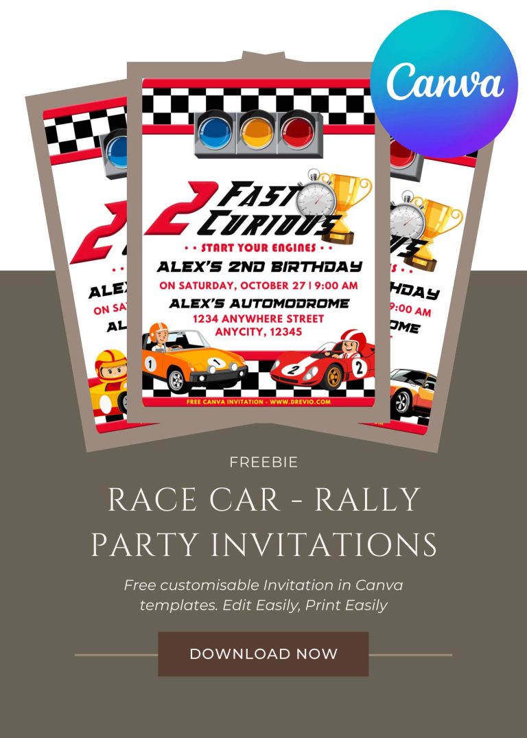Free and Editable Vroom-Vroom Race Car Invitation Templates Made in Canva. Customize Online for free