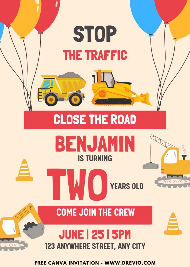 Free and Editable Construction Car Invitation Templates Made in Canva. Customize Online for free