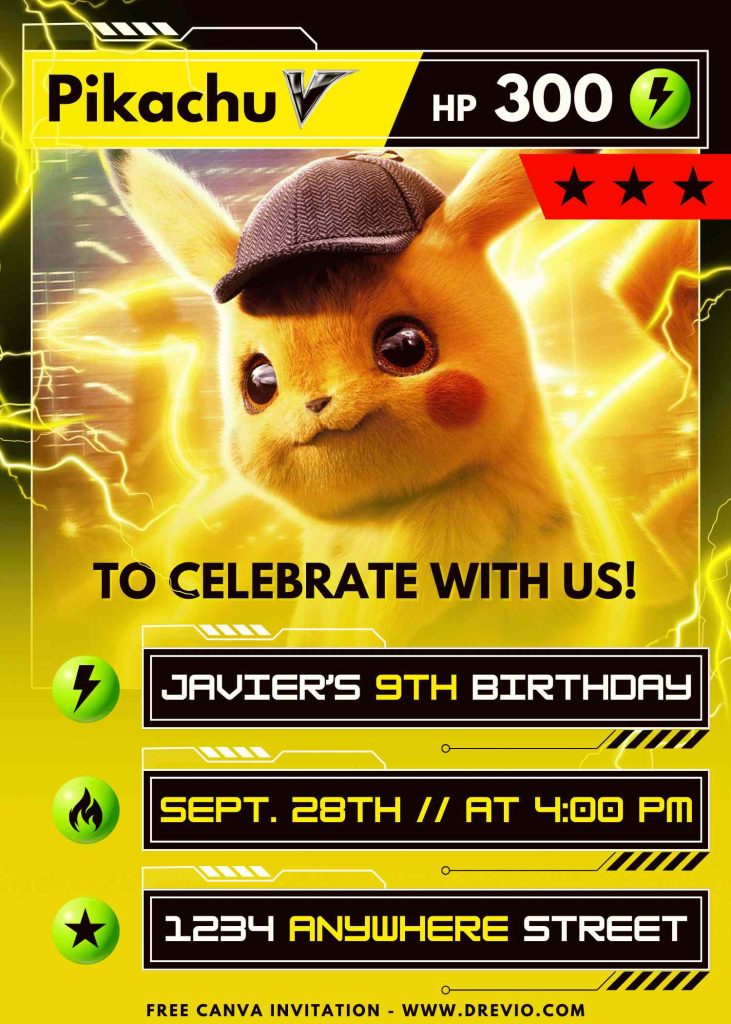 Free and Editable Detective Pikachu Card Invitation Templates Made in Canva. Customize Online for free