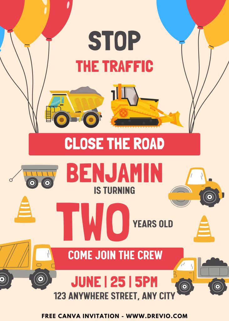 Free and Editable Construction Invitation Templates with Excavator Car Made in Canva. Customize Online for free