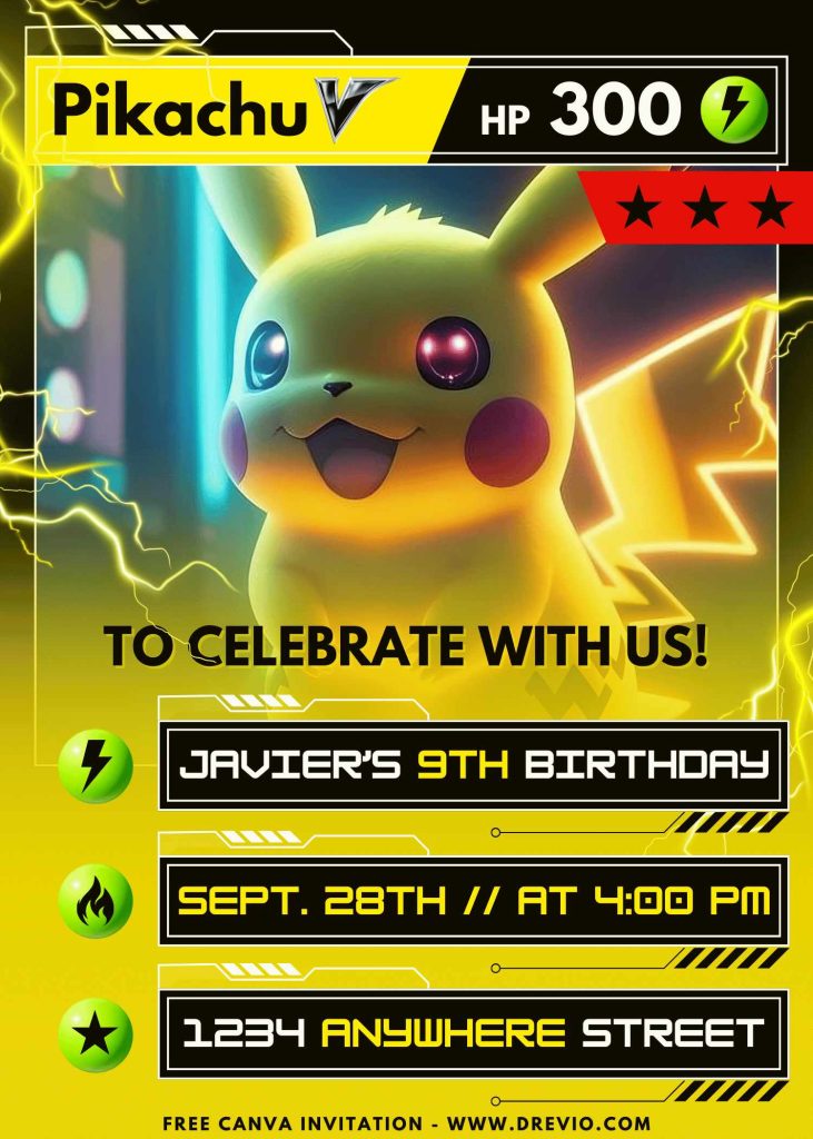 Free and Editable Adorable Pokemon Battle Arena Card Invitation Templates Made in Canva. Customize Online for free