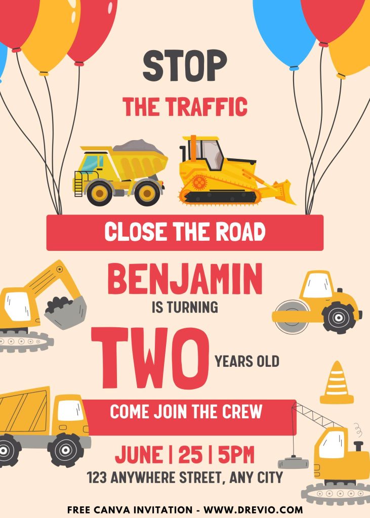 Free and Editable Construction Invitation Templates with Dump Truck and Earth Digger Made in Canva. Customize Online for free