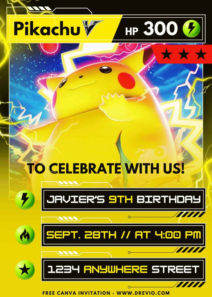 Free and Editable Pokemon Lightning Bolt Card Invitation Templates Made in Canva. Customize Online for free