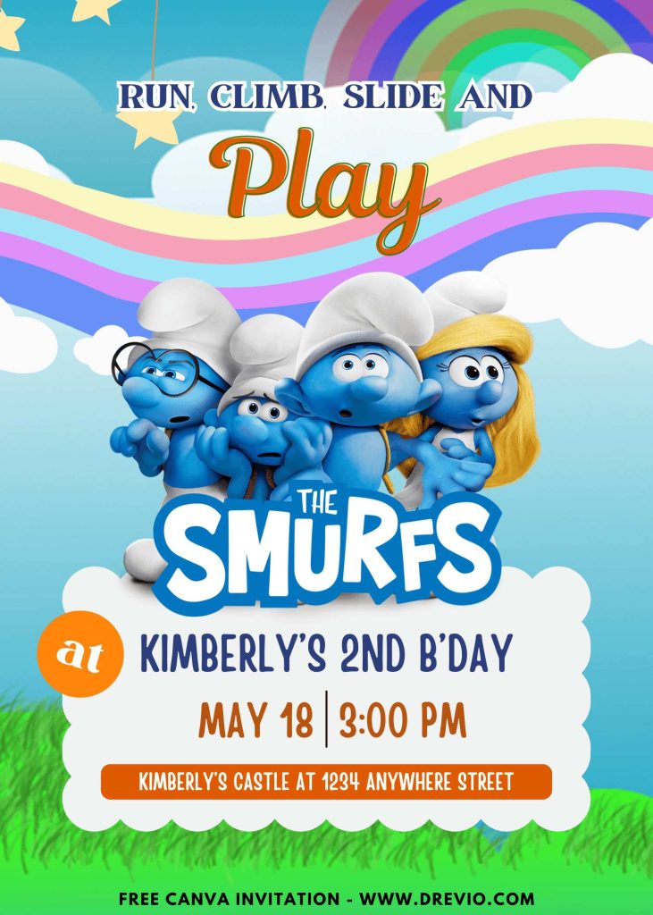 Free and Editable FREE Cute Brainy Smurfs Invitation Templates Made in Canva. Customize Online for free