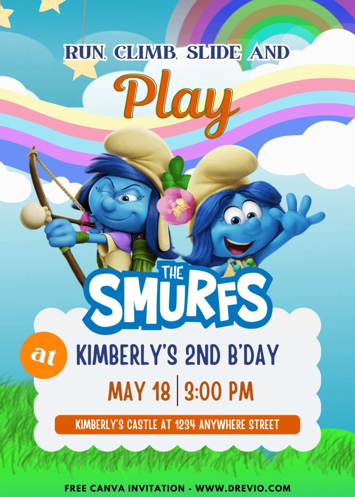 Free and Editable FREE Cheerful Smurfette Invitation Templates Made in Canva. Customize Online for free