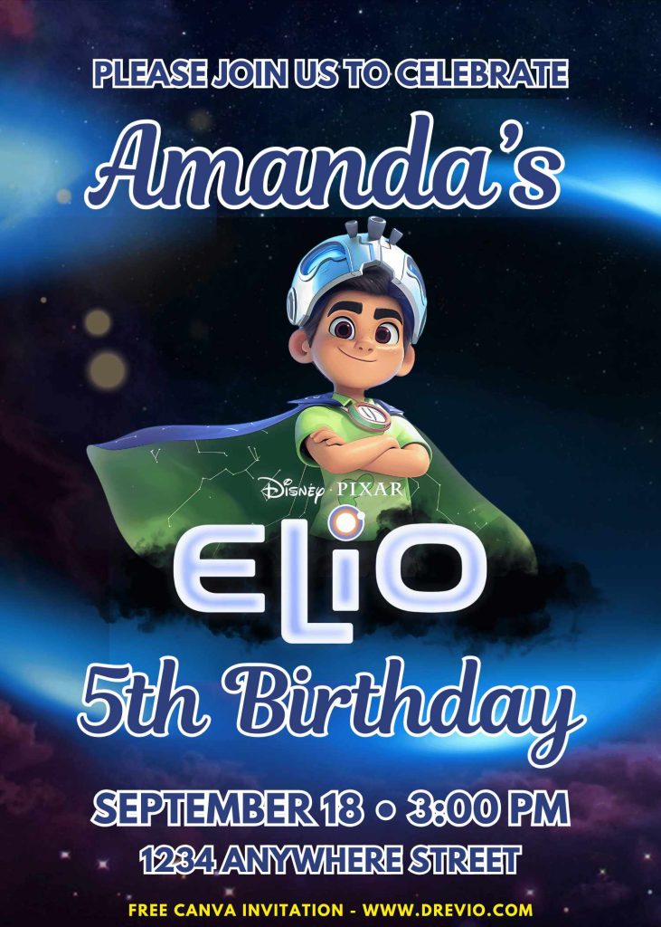 Free and Editable Disney Elio Invitation Templates with dark space inspired background Made in Canva. Customize Online for free
