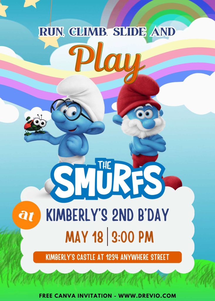 Free and Editable FREE Adorable Rainbow Sky Smurfs Invitation Templates Made in Canva. Customize Online for free