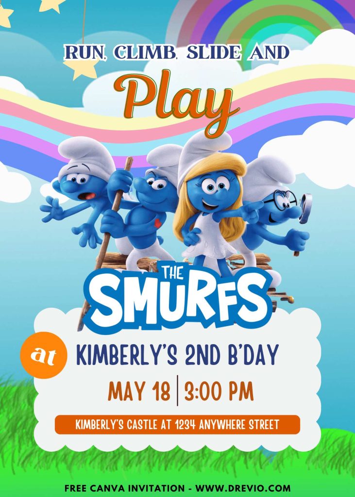Free and Editable FREE Smurfette and Friends Invitation Templates Made in Canva. Customize Online for free