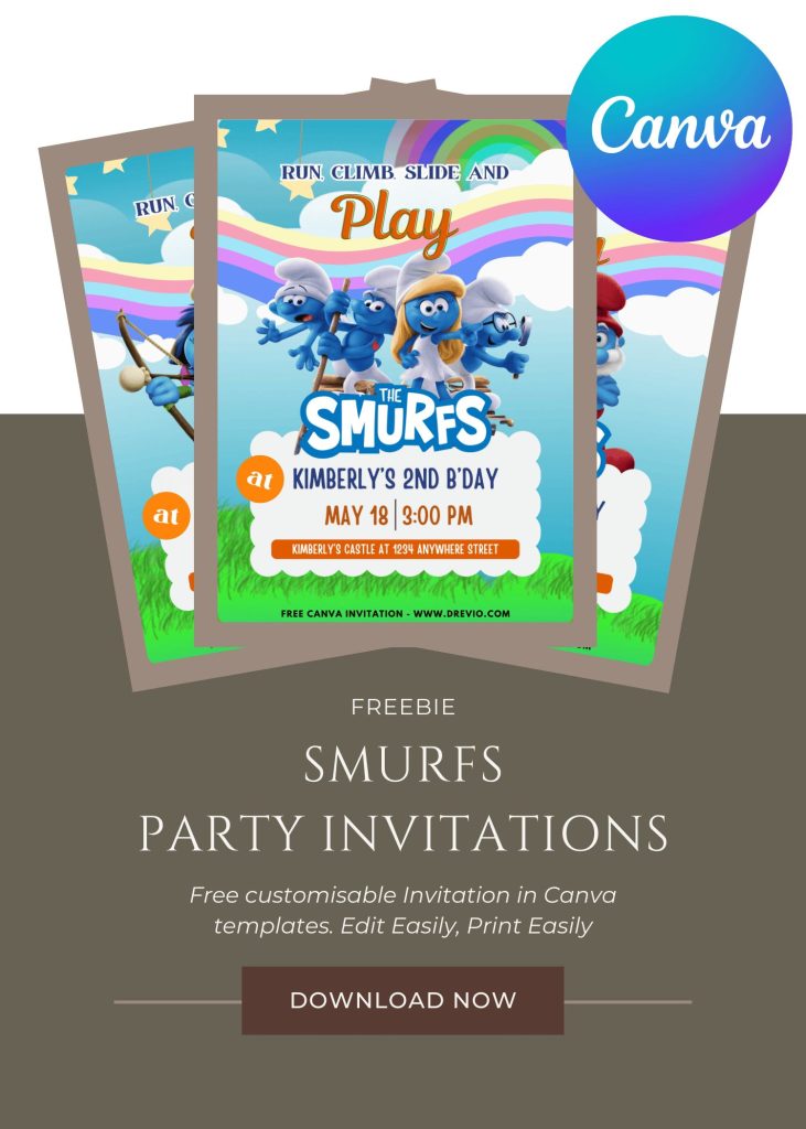 Free and Editable FREE Rainbow Sky Smurfs Invitation Templates Made in Canva. Customize Online for free