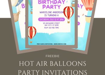 Free and Editable Adorable Up Party Away Hot Air Balloon Invitation Templates Made in Canva. Customize Online for free