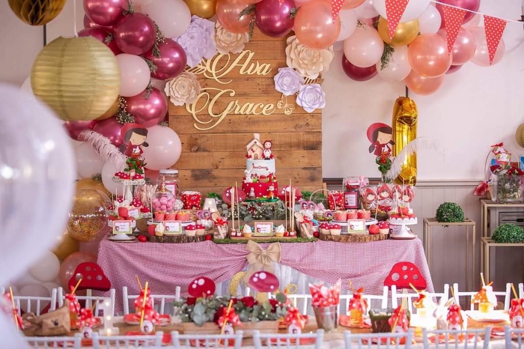 Festive Little Red Riding Hood themed birthday party decor