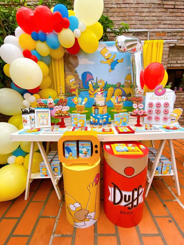 Free Simpsons invitations with Springfield clouds, pink donuts, comic bursts, and playful yellow birthday party theme