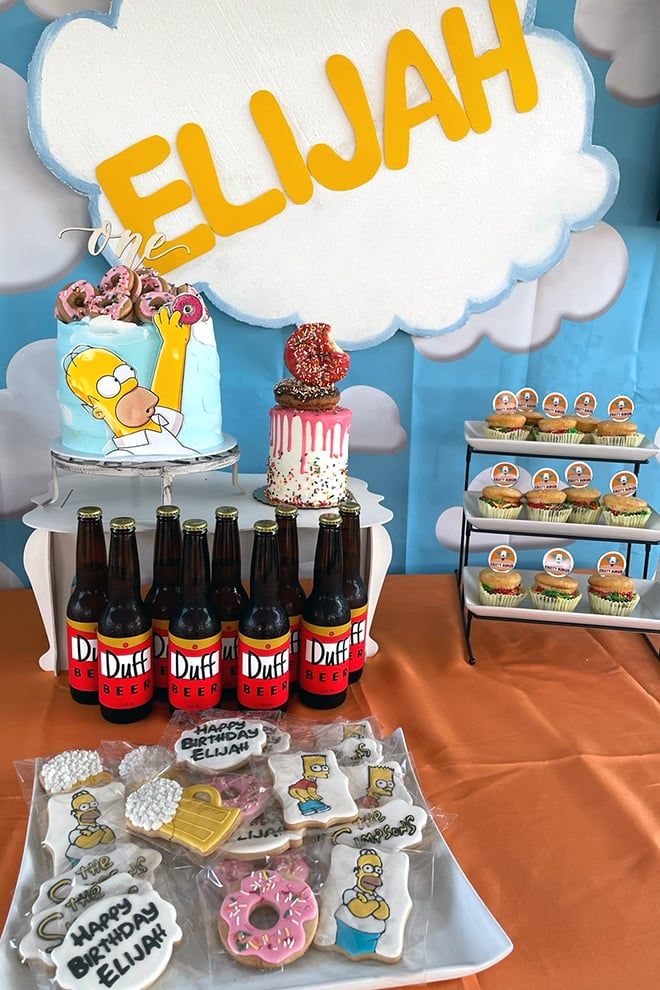 Free Simpsons invitation design with Homer-inspired donut theme, fluffy clouds, yellow frame, and Springfield decorations