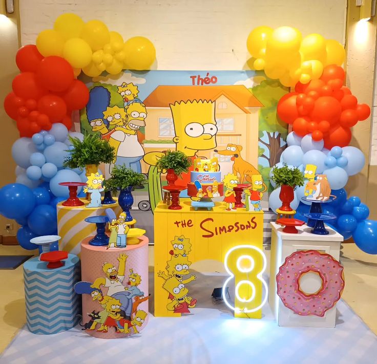 Cartoon-themed Simpsons invitation surrounded by Springfield skyline, clouds, donuts, and playful birthday illustrations