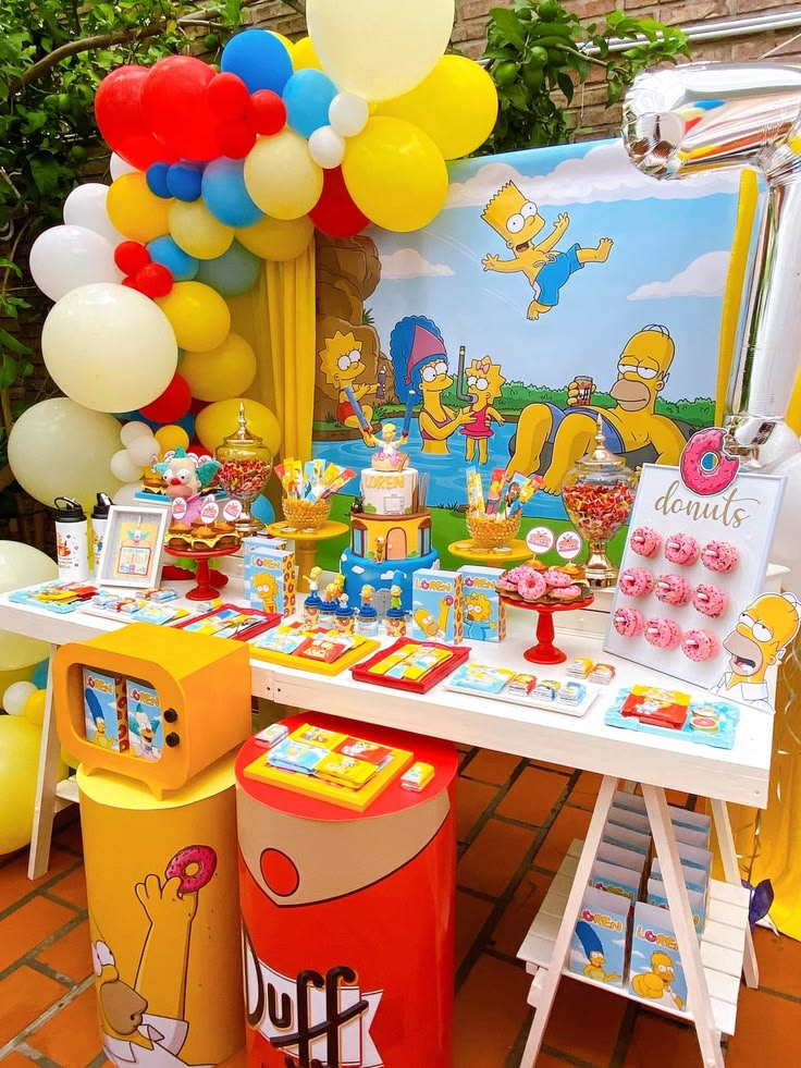 Simpsons birthday invite featuring skateboards, comic explosions, fluffy clouds, and bright yellow Springfield-inspired elements