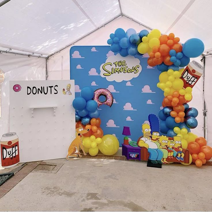 Free editable Simpsons invitations with TV frame layout, cartoon clouds, donut graphics, and fun birthday decorations
