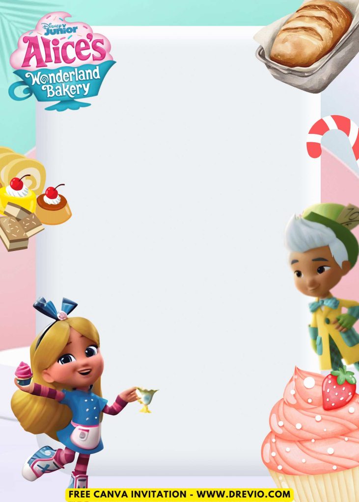Free and Editable Alice In Wonderland Bakery Invitation Templates Made in Canva. Customize Online for free