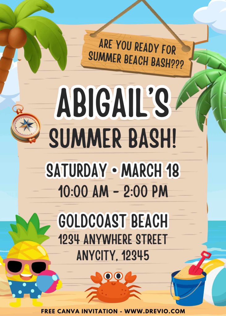 Free and Editable Fun Summer Beach Bash Invitation Templates Made in Canva. Customize Online for free