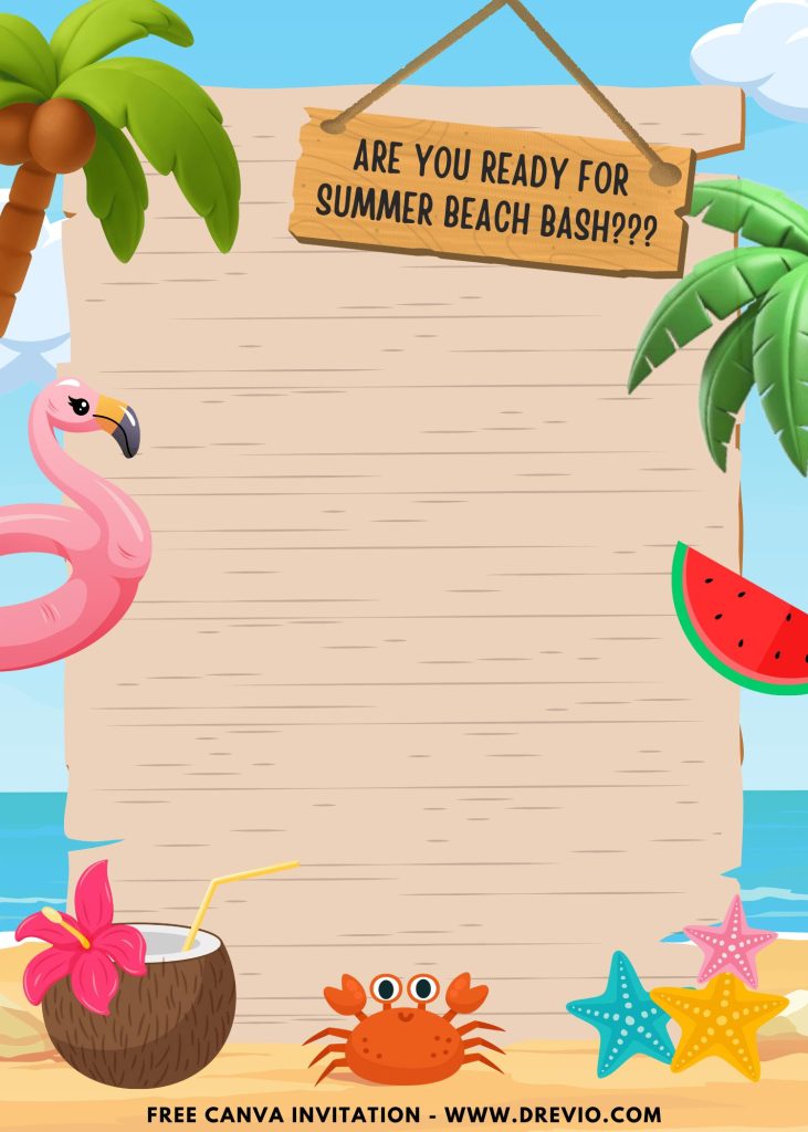 Free and Editable Pink Flamingo Summer Beach Bash Invitation Templates Made in Canva. Customize Online for free