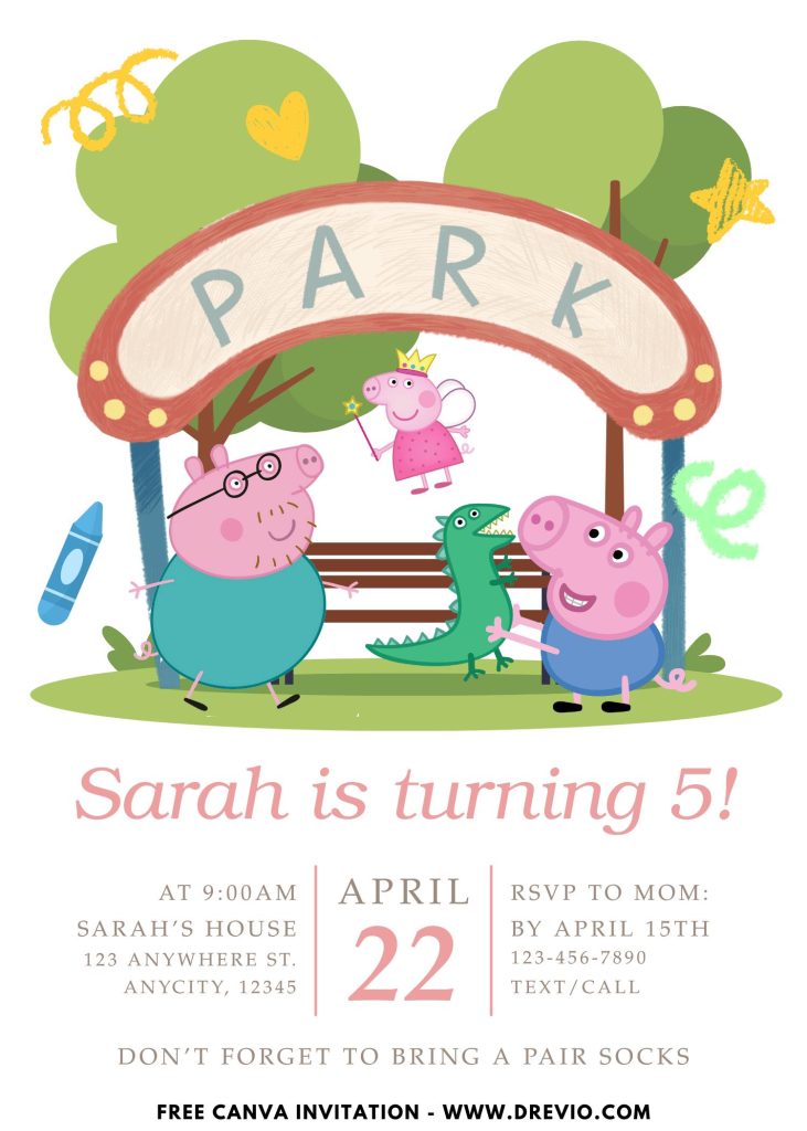 Free and Editable Cute Peppa Pig Theme Park Invitation Templates Made in Canva. Customize Online for free