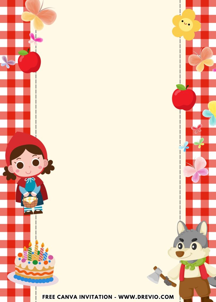 Free and Editable Lovely Fairytale Red Riding Hood Invitation Templates Made in Canva. Customize Online for free