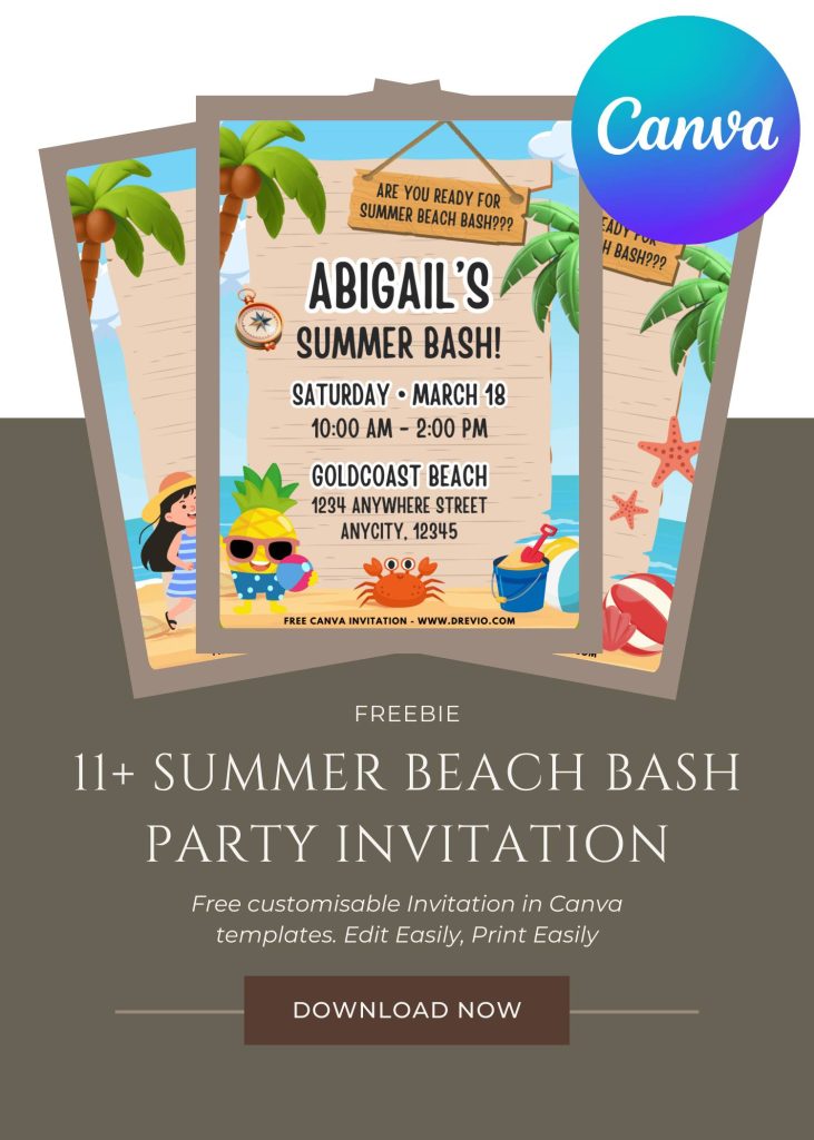 Free and Editable Summer Beach Bash Invitation Templates Made in Canva. Customize Online for free